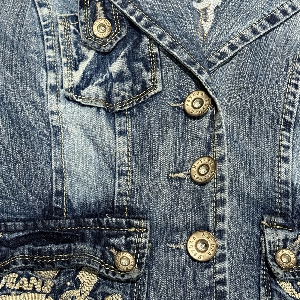 🧥🕺 RAYBAN x LUJ Y2K‎ Blue Denim Jean Jacket | EU Club Scene Sz 4 - Picture 10 of 12